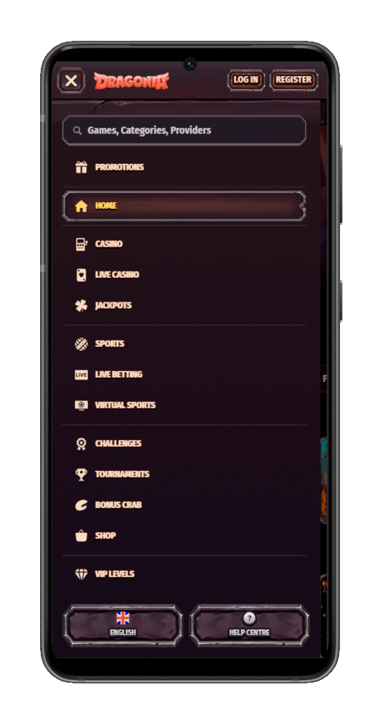 Mobile app Dragonia casino menu